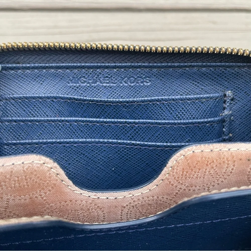 Michael Kors Blue White Leather Striped Zip Around Wallet
